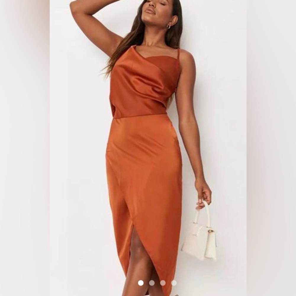 Missguided Asymmetrical Drape Rust Satin Midi Dress Size 4 - Picture 3 of 16